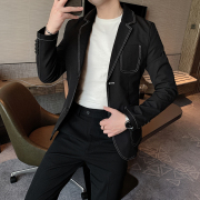 2021春季男士西装外套韩版修身明线英伦风男装西服黑色修身时尚款