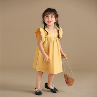 儿童背心裙黄色飞袖连衣裙夏装，2024纯色儿童，裙小女孩宝宝裙子