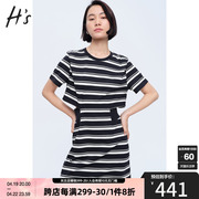 HS奥莱条纹连衣裙2023夏季女装镂空设计感T恤裙修身显瘦裙子