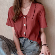 夏季女装韩版批发学生宽松休闲衬衣纯色复古设计感小众衬衫潮