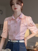 夏季法式粉红色衬衫女上衣职场轻熟中袖面试职业正装短袖通勤衬衣
