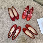蝴蝶结芭蕾鞋复古低跟红色单鞋女平底春季浅口奶奶鞋小红鞋婚鞋