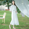 速发年夏季改良版民族风中式白色立领长款中国风连衣裙茶服女