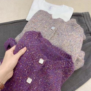 方糖紫纱毛衣开衫外套，冬加厚女短款宽松单排扣圆领紫色气质针织衫
