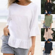 纯色圆领T恤女五分袖宽松罩衫 Round neck casual blouse T-shirt