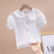 女童衬衣短袖2024夏季韩版娃娃领上衣洋气泡泡，袖儿童白色衬衫