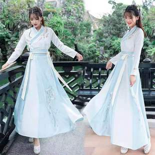 中国风改良传统日常汉服，套装女夏古装，绣花交领齐腰襦裙学生演出服