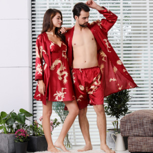 龙袍睡衣套装男士睡袍女款夏季秋季新郎新娘情侣结婚大红色睡衣