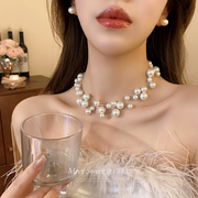 多层珍珠项链配饰女轻奢，小众气质锁骨链2024夸张颈链配饰