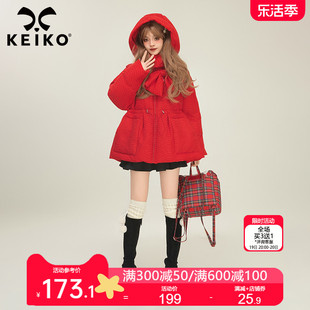 keiko红色蝴蝶结饰显瘦斗篷型棉服加厚冬季新年系列连帽棉衣外套