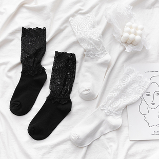 复古镂空花纹花边袜子女，中筒袜白色棉袜，长筒甜美日系可爱黑色长袜