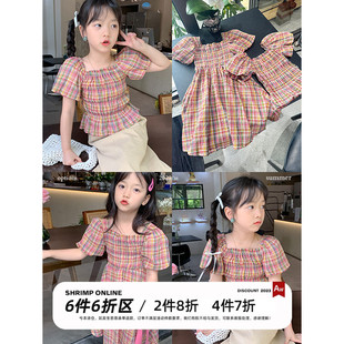 韩国夏装女童纯棉纱小清晰打褶格子衬衫t恤上衣，儿童连衣裙子