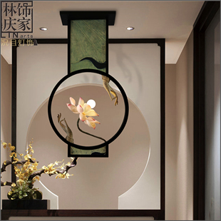 新中式荷花吊灯玄关客厅餐厅，创意新古典(新古典)禅意，实木隔断莲花田园顶灯