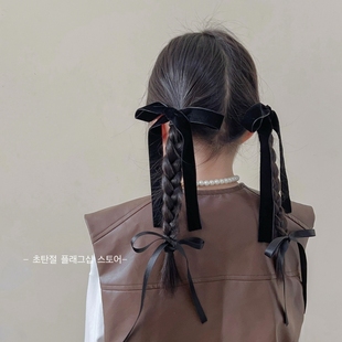 黑色高级感韩国女童蝴蝶结，头饰发夹长飘带丝绒，发圈儿童头绳发卡子