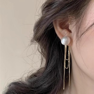 日韩棉花珍珠长流苏，耳环个性小众设计耳钉，显脸瘦925银针耳饰