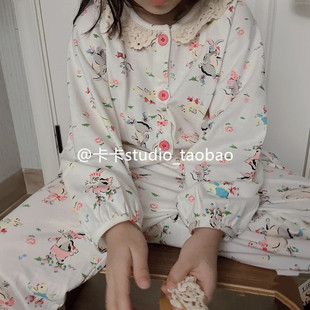 韩国爱丽丝兔子娃娃，领小碎花纯棉亲子睡衣儿童，家居服套装母女