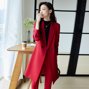 红色风衣女秋冬显瘦修身高级感西装领外套长款纯色气质大衣女