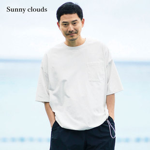 桑妮库拉/Sunny clouds 男式纯棉落肩下摆抽绳T恤（白）