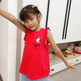 90-160高store米妮t恤背心，女童夏季儿童红色上衣女童无袖上衣