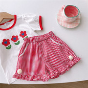 韩系童装婴儿打底裤子外穿薄款女童宝宝红色格子花边球球短裤纯棉