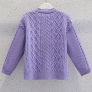 女童紫色毛衣开衫2023秋冬季儿童女孩V领针织外套加厚毛线衣