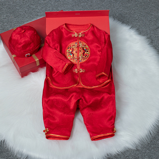 男宝宝周岁礼服100%桑蚕丝满月百日宴唐装中式抓周国风红色长袖