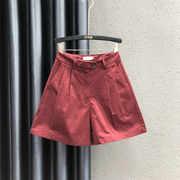 韩版休闲短裤女2024夏季酒红色设计感高腰显瘦A字五分阔腿裤