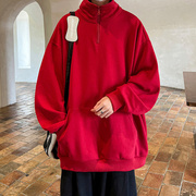 酒红色美式复古卫衣男冬季加厚半拉链，外套冲锋衣内胆设计感polo衫