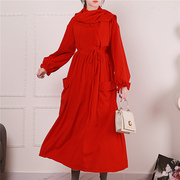秋冬加绒加厚长袖复古风红裙订婚大码连衣裙宽松显瘦法式长裙
