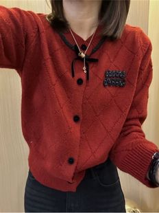 红色休闲针织开衫毛衣外套女秋冬2023高级感超好看的上衣