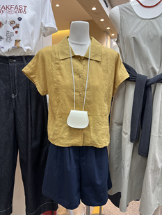 夏季韩版十三行学院风文艺小清新短袖Polo领单排扣棉麻衬衣女