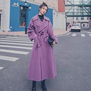 2022秋冬紫色加厚羊绒羊毛大衣中长款腰带气质高端羊毛呢外套