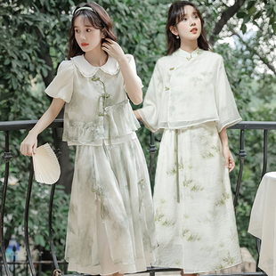 新中式民国风改良汉服元素，两件套装闺蜜夏盘扣(夏盘扣)女学生小个子连衣裙