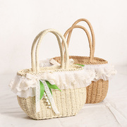 手提包女蕾丝草编包休闲夏季花朵小清新原创包包2022设计感