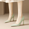 温柔浅绿色高跟鞋女细跟时尚漆皮气质小方头单鞋10厘米里外全皮！