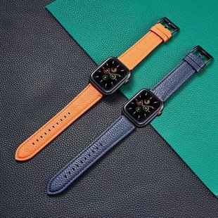 适用apple watch手表表带苹果iwatch7/8/9代6/SE ultra牛皮荔枝纹商务休闲真皮腕带 ultra柔软男女潮4145mm49