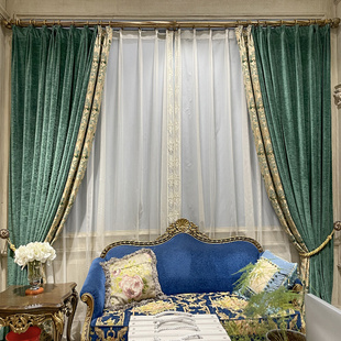 简约复古美式墨绿色拼接雪尼尔提花客厅卧室遮光定制窗帘