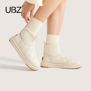 ubz防水皮面白色雪地靴女短筒小香风，菱形格2023冬季加绒棉鞋