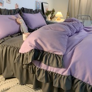 韩式纯紫色公主风荷叶花边被套床单床裙四件套学生宿舍床上三件套