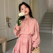 花与寻女童粉色套装2024春装韩版长袖上衣半身裙