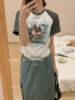 SUSAN韩版字母卡通米奇印花短袖T恤女通勤圆领拼接撞色袖子上衣潮