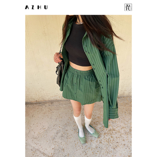 AZHU 条纹衬衫套装女早春法式复古设计感小众宽松衬衣短裤两件套