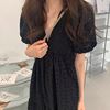 韩国chic夏季复古深v领设计镂空皱褶感显瘦高腰大摆型连衣裙长裙