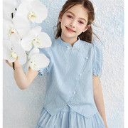 mini童装女童新中式，套装2024夏装国风短袖中大童短裙两件套