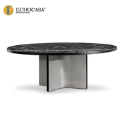 echocasa轻奢大理石餐桌椅组合家用现代简约圆桌，意式带转盘餐桌