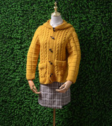 秋冬羊毛姜黄色连帽纯色加厚粗线针织开衫外套毛衣豹女