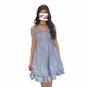 春夏蓝色条纹吊带连衣裙气质高级感高腰显瘦荷叶边中裙 M3053