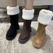 韩国2023年冬季新时尚圆头雪地靴低跟套筒绒面中筒棉靴女靴子