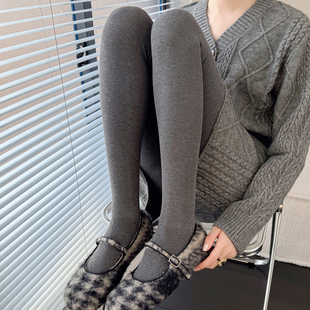 秋冬季烟灰色连裤袜，女加厚加绒咖色保暖打底裤，竖条纹米白色踩脚袜