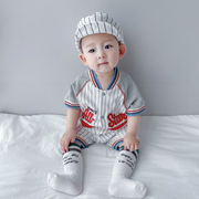 婴儿夏装婴儿0-1岁男宝宝连体衣短袖纯棉棒球哈衣绅士外出服